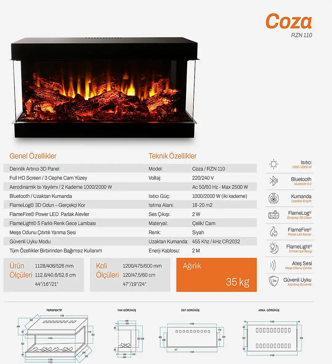 COZA: Huzurun ve Sıcaklığın Yeni Adı COZA, 3 cepheli cam tasarımıyla yaşam alanlarınıza zarafet katarken, size huzurlu bir atmosfer sunar. Gerçek meşe odununun yanma sesi ve 3 boyutlu FlameLog odunları sayesinde, iç dünyanızda sakin ve rahatlatıcı bir yolculuğa çıkarsınız. Hayatın koşuşturmasından uzaklaşıp, dinginliğin tadını çıkarmak istediğiniz anlarda COZA, size özel bir kaçış noktası yaratır. Ayrıca, mekanlarınıza uyum sağlayan isteğe bağlı “L” yüzey seçeneği ile COZA, her türlü yaşam alanına şıklık ve fonksiyonellik getirir.